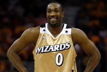 CLEVELAND - APRIL 19:  Gilbert Arenas #0 of the Washington Wizards smiles in the game against the Cleveland Cavaliers in Game One of the Eastern Conference Quarterfinals during the 2008 NBA Playoffs on April 19, 2008 at Quicken Loans Arena in Cleveland, Ohio.  The Cavaliers won 93-86.  NOTE TO USER: User expressly acknowledges and agrees that, by downloading and or using this photograph, User is consenting to the terms and conditions of the Getty Images License Agreement. (Photo by Gregory Shamus/Getty Images)