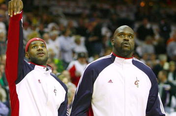CLEVELAND - OCTOBER 27:  (L-R) LeBron James #23 and Shaquille O'Neal #33 of the Cleveland Cavaliers warm up prior to the season opener against the Boston Celtics at Quicken Loans Arena on October 27, 2009 in Cleveland, Ohio.  NOTE TO USER: User expressly acknowledges and agrees that, by downloading and or using this photograph, User is consenting to the terms and conditions of the Getty Images License Agreement. (Photo by Gregory Shamus/Getty Images)