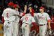 NEW YORK - OCTOBER 28: (L-R) Ryan Howard #6, Chase Utley #26, Jimmy Rollins #11 and Shane Victorino #8 of the Philadelphia Phillies celebrate their 6-1 win against the New York Yankees in Game One of the 2009 MLB World Series at Yankee Stadium on October 28, 2009 in the Bronx borough of New York City. (Photo by Jim McIsaac/Getty Images)