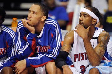AUBURN HILLS, MI - APRIL 26:  (L-R) Tayshaun Prince #22 and Richard Hamilton #32 of the Detroit Pistons sit on the bench in Game Four of the Eastern Conference Quarterfinals against the Cleveland Cavaliers during the 2009 NBA Playoffs at the Palace of Auburn Hills on April 26, 2009 in Auburn Hills, Michigan.  The Cavaliers won 99-78.  NOTE TO USER: User expressly acknowledges and agrees that, by downloading and or using this photograph, User is consenting to the terms and conditions of the Getty Images License Agreement.  (Photo by Gregory Shamus/Getty Images)