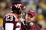 ATLANTA - OCTOBER 17:  Head coach Frank Beamer of the Virginia Tech Hokies talks to Matt Reidy #23 against the Georgia Tech Yellow Jackets at Bobby Dodd Stadium on October 17, 2009 in Atlanta, Georgia.  (Photo by Kevin C. Cox/Getty Images)