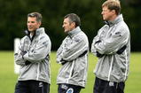 EDINBURGH, SCOTLAND - OCTOBER  3:  The Scotland team (l-r) Sean Lineen, assistant coach, Frank Hadden, Head Coach and Shade Munro assistant coach watch their team during team training at Murrayfield on October 3, 2005 in Edinburgh, Scotland. (Photo by David Rogers/Getty Images)