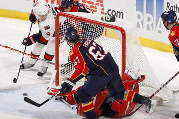 SUNRISE, FL - OCTOBER 28: Milan Michalek #9 of the Ottawa Senators tries to wrap the puck around the post with Goaltender Tomas Vokoun #29 of the Florida Panthers on his back in the first period on October 28, 2009 at the BankAtlantic Center in Sunrise, Florida. (Photo by Joel Auerbach/Getty Images)