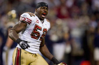 ST. LOUIS, MO - DECEMBER 21: Patrick Willis #52 of the San Francisco 49ers celebrates a victory against the St. Louis Rams at the Edward Jones Dome on December 21, 2008 in St. Louis, Missouri.  The 49ers beat the Rams 17-16.  (Photo by Dilip Vishwanat/Getty Images)