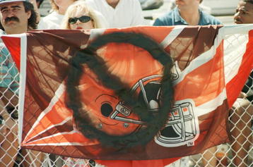1 Sep 1996:  A flag hung in Memorial Stadium boasted there were no more Cleveland Browns as the Baltimore Ravens debuted in the NFL with a 19-14 win over the Oakland Raiders at Memorial Stadium in Baltimore, Maryland.  Mandatory Credit: Doug Pensinger/All