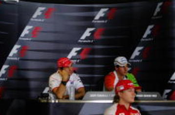 ABU DHABI, UNITED ARAB EMIRATES - OCTOBER 29:  (Back row L-R) Jarno Trulli of Italy and Toyota and Adrian Sutil of Germany and Force India, (Front row L-R) Kimi Raikkonen of Finland and Ferrari and Fernando Alonso of Spain and Renault attend the drivers press conference during previews to the Abu Dhabi Formula One Grand Prix at the Yas Marina Circuit on October 29, 2009 in Abu Dhabi, United Arab Emirates.  (Photo by Ker Robertson/Getty Images)