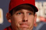 NEW YORK - OCTOBER 27:  Cliff Lee #34 of the Philadelphia Phillies speaks to the media after World Series workouts on October 27, 2009 at Yankee Stadium in the Bronx borough of New York City.  (Photo by Jared Wickerham/Getty Images)