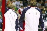 CLEVELAND - OCTOBER 27:  (L-R) LeBron James #23 and Shaquille O'Neal #33 of the Cleveland Cavaliers warm up prior to the season opener against the Boston Celtics at Quicken Loans Arena on October 27, 2009 in Cleveland, Ohio.  NOTE TO USER: User expressly acknowledges and agrees that, by downloading and or using this photograph, User is consenting to the terms and conditions of the Getty Images License Agreement. (Photo by Gregory Shamus/Getty Images)