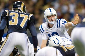 ST. LOUIS, MO - OCTOBER 25: Peyton Manning #18 of the Indianapolis Colts directs the offense against the St. Louis Rams at the Edward Jones Dome on October 25, 2009 in St. Louis, Missouri.  The Colts beat the Rams 42-6.  (Photo by Dilip Vishwanat/Getty Images)