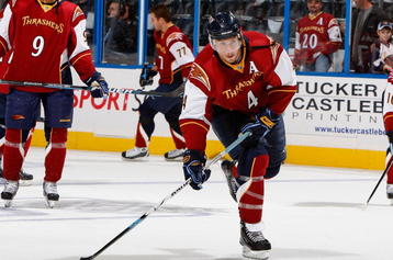 ATLANTA - OCTOBER 22:  Zach Bogosian #4 of the Atlanta Thrashers against the Washington Capitals at Philips Arena on October 22, 2009 in Atlanta, Georgia.  (Photo by Kevin C. Cox/Getty Images)