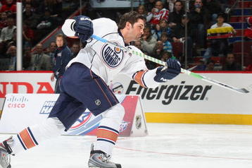 MONTREAL - JANUARY 24:  Western Conference All-Star Sheldon Souray of the Edmonton Oilers competes in the 'Cisco Hardest Shot' during the Honda NHL Superskills competition as part of the 2009 NHL All-Star weekend on January 24, 2009 at the Bell Centre in Montreal, Canada.  (Photo by Bruce Bennett/Getty Images)