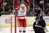 ANAHEIM, CA - MAY 07:  Valterri Filppula #51 of the Detroit Red Wings celebrates as a goal by Marian Hossa #81 of the Red Wings gets by goalie Jonas Hiller #1 of the Anaheim Ducks in the second period of Game Four of the Western Conference Semifinals at Honda Center on May 7, 2009 in Anaheim, California.  (Photo by Harry How/Getty Images)