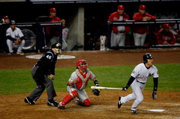 NEW YORK - OCTOBER 29:  Hideki Matsui #55 of the New York Yankees hits a solo home run in the sixth inning against the Philadelphia Phillies at Yankee Stadium on October 29, 2009 in the Bronx borough of New York City.  (Photo by Jared Wickerham/Getty Images)