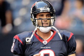 HOUSTON - OCTOBER 25:  Quarterback Matt Schaub #8 of the Houston Texans warms up before playing the San Francisco 49ers at Reliant Stadium on October 25, 2009 in Houston, Texas.  (Photo by Bob Levey/Getty Images)