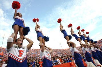 GAINESVILLE, FL - SEPTEMBER 08:  Cheerleaders for the Florida Gators perform while taking on the Troy Trojans at Ben Hill Griffin Stadium on September 8, 2007 in Gainesville, Florida.  (Photo by Doug Benc/Getty Images)