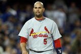 LOS ANGELES, CA - OCTOBER 07:  Albert Pujols #5 of the St. Louis Cardinals reacts after the end of the top of the first inning against the Los Angeles Dodgers in Game One of the NLDS during the 2009 MLB Playoffs at Dodger Stadium on October 7, 2009 in Los Angeles, California.  (Photo by Jeff Gross/Getty Images)