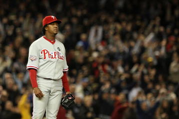 NEW YORK - OCTOBER 29:  Starting pitcher Pedro Martinez #45 of the Philadelphia Phillies looks on after giving up a home run in the sixth inning against the New York Yankees in Game Two of the 2009 MLB World Series against at Yankee Stadium on October 29, 2009 in the Bronx borough of New York City.  (Photo by Jed Jacobsohn/Getty Images)