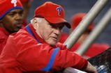 NEW YORK - OCTOBER 27:  Manager Charlie Manuel of the Philadelphia Phillies watches his team practice during World Series workouts on October 27, 2009 at Yankee Stadium in the Bronx borough of New York City.  (Photo by Jared Wickerham/Getty Images)