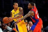 LOS ANGELES, CA - OCTOBER 27:  Shannon Brown #12 of the Los Angeles Lakers looks to pass against Rasual Butler #45 of the Los Angeles Clippers during the season opening game at Staples Center on October 27, 2009 in Los Angeles, California.  The Lakers won 99-92.  NOTE TO USER: User expressly acknowledges and agrees that, by downloading and or using this photograph, User is consenting to the terms and conditions of the Getty Images License Agreement. Mandatory Copyright Notice: Copyright 2009 NBAE  (Photo by Kevork Djansezian/Getty Images)