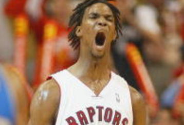TORONTO, ON - APRIL 26:  Chris Bosh #4 of the Toronto Raptors jubilates after hitting a 3 ball against the Orlando Magic in Game Four of the Eastern Conference Quarterfinals at the Air Canada Centre April 26, 2008 in Toronto, Ontario. The Magic defeated the Raptors 106-94 to take a 3-1 series lead.  (Photo by Claus Andersen/Getty Images)
