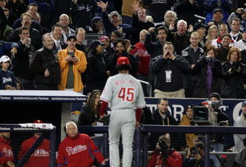 NEW YORK - OCTOBER 29:  Starting pitcher Pedro Martinez #45 of the Philadelphia Phillies is heckled by fans as he comes out of the game in the seventh inning against the New York Yankees in Game Two of the 2009 MLB World Series against at Yankee Stadium on October 29, 2009 in the Bronx borough of New York City.  (Photo by Jed Jacobsohn/Getty Images)