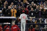 NEW YORK - OCTOBER 29:  Starting pitcher Pedro Martinez #45 of the Philadelphia Phillies is heckled by fans as he comes out of the game in the seventh inning against the New York Yankees in Game Two of the 2009 MLB World Series against at Yankee Stadium on October 29, 2009 in the Bronx borough of New York City.  (Photo by Jed Jacobsohn/Getty Images)