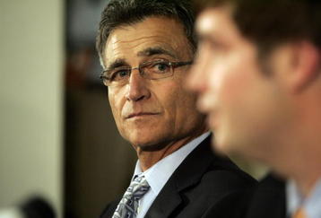 LAKE FOREST, IL - APRIL 3: The Chicago Bears General manager Jerry Angelo looks on as the Bears announce Jay Cutler as their new quarterback during a press conference on April 3, 2009 at Halas Hall in Lake Forest, Illinois.  (Photo by Jim Prisching/Getty Images)