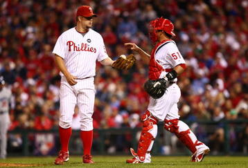 PHILADELPHIA - OCTOBER 19:  Catcher Carlos Ruiz (R) #51 of the Philadelphia Phillies walks out to the mound to talk with starting pitcher Joe Blanton #56 after Blanton gave up a RBI single to Russell Martin #55 of the Los Angeles Dodgers in the top of the fourth inning of Game Four of the NLCS during the 2009 MLB Playoffs at Citizens Bank Park on October 19, 2009 in Philadelphia, Pennsylvania.  (Photo by Chris McGrath/Getty Images)