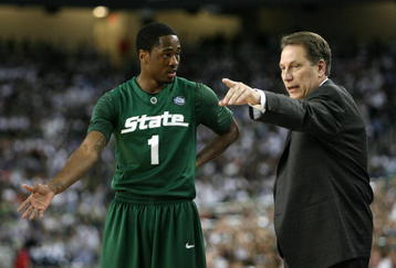 DETROIT - APRIL 06:  Head coach Tom Izzo of the Michigan State Spartans gestures as he talks with Kalin Lucas #1 in the first half against the North Carolina Tar Heels during the 2009 NCAA Division I Men's Basketball National Championship game at Ford Field on April 6, 2009 in Detroit, Michigan.  (Photo by Andy Lyons/Getty Images)