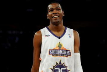 PHOENIX - FEBRUARY 13:  Kevin Durant #35 of the Sophomore team smiles during the T-Mobile Rookie Challenge & Youth Jam part of 2009 NBA All-Star Weekend at US Airways Center on February 13, 2009 in Phoenix, Arizona.  NOTE TO USER: User expressly acknowledges and agrees that, by downloading and or using this photograph, User is consenting to the terms and conditions of the Getty Images License Agreement.  (Photo by Ronald Martinez/Getty Images)