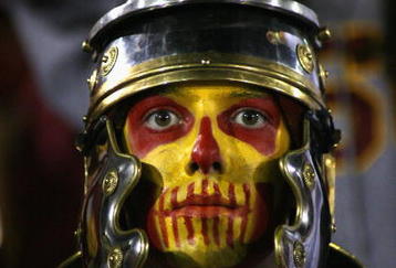 LOS ANGELES - NOVEMBER 18:  A fan of the USC Trojans looks on during the game against the California Golden Bears held on November 18, 2006 at the Los Angeles Memorial Coliseum in Los Angeles, California. The Trojans defeated the Bears 23-9. (Photo by Christian Petersen/Getty Images)