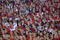 3 Jan 2002:   Nebraska cornhusker fans at attention during the National Anthem during the Rose Bowl National Championship Game versus Miami at the Rose Bowl in Pasadena, California.  Miami won 37-14.  DIGITAL IMAGE    Mandatory Credit:  Stephen Dunn/Getty Images