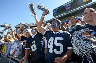 STATE COLLEGE, PA - SEPTEMBER 19: Penn State Nittany Lion fans cheer for the marching band before a game against the Temple Owls on September 19, 2009 at Beaver Stadium in State College, Pennsylvania. (Photo by Hunter Martin/Getty Images)