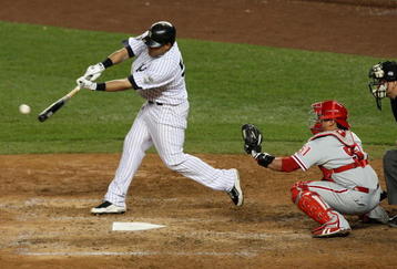 NEW YORK - OCTOBER 29:  Melky Cabrera #53 of the New York Yankees hits a single against the Philadelphia Phillies in Game Two of the 2009 MLB World Series at Yankee Stadium on October 29, 2009 in the Bronx borough of New York City.  (Photo by Jim McIsaac/Getty Images)