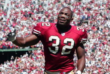SAN FRANCISCO - SEP  11:  Kevan Barlow #32 of the San Francisco 49ers celebrates during the NFL game with the  St Louis Rams at Monster Park on September 11th, 2005 in San Francisco, California. The 49ers won 28-75. (Photo by Jed Jacobsohn/Getty Images)