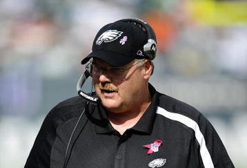 PHILADELPHIA - OCTOBER 11:  Andy Reid, head coach of the Philadelphia Eagles works on the sideline against the Tampa Bay Buccaneers at Lincoln Financial Field on October 11, 2009 in Philadelphia, Pennsylvania.  (Photo by Jeff Zelevansky/Getty Images)