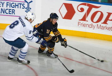 BUFFALO, NY - OCTOBER 30: Tim Kennedy #13 of the Buffalo Sabres skates against Michael Komisarek #8 of the Toronto Maple Leafs at HSBC Arena on October 30, 2009 in Buffalo, New York.  (Photo by Rick Stewart/Getty Images)