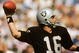 1984: Quarterback Jim Plunkett #16 of the L.A. Raiders passes the ball. (Photo by Tony Duffy/Getty Images)