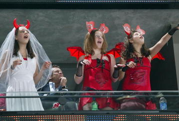 NEWARK, NJ - OCTOBER 29: The New Jersey Devils fans celebrate Halloween early during the Devils game against the Toronto Maple Leafs on October 29, 2008 at the Prudential Center in Newark, New Jersey.  (Photo by Bruce Bennett/Getty Images)