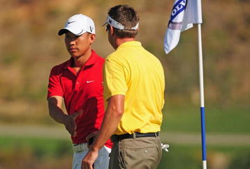 CASARES, SPAIN - OCTOBER 31:  Anthony Kim (L) of USA shakes hands with Robert Allenby of Australia on the 18th green during the Semi Finals of the Volvo World Match Play Championship at Finca Cortesin on October 31, 2009 in Casares, Spain.  (Photo by Richard Heathcote/Getty Images)