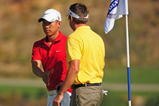 CASARES, SPAIN - OCTOBER 31:  Anthony Kim (L) of USA shakes hands with Robert Allenby of Australia on the 18th green during the Semi Finals of the Volvo World Match Play Championship at Finca Cortesin on October 31, 2009 in Casares, Spain.  (Photo by Richard Heathcote/Getty Images)