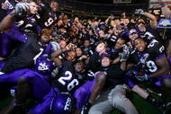 SAN DIEGO, CA - DECEMBER 23:  Head Coach Gary Patterson of the TCU Horned Frogs and his team celebrate their 17-16 win over Boise State Broncos during the San Diego County Credit Union Poinsettia Bowl at Qualcomm Stadium on December 23, 2008 in San Diego, California. (Photo by Donald Miralle/Getty Images)