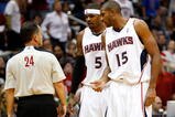 ATLANTA - OCTOBER 28:  Josh Smith #5 and Al Horford #15 of the Atlanta Hawks question a technical foul called against Horford by referee Mike Callahan #24 during the game against the Indiana Pacers at Philips Arena on October 28, 2009 in Atlanta, Georgia.  (Photo by Kevin C. Cox/Getty Images)