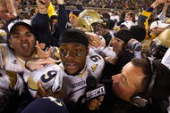 ATLANTA - OCTOBER 17:  Quarterback Josh Nesbitt #9 of the Georgia Tech Yellow Jackets is interviewed by ESPN Radio on the field after their 28-23 win over the Virginia Tech Hokies at Bobby Dodd Stadium on October 17, 2009 in Atlanta, Georgia.  (Photo by Kevin C. Cox/Getty Images)