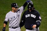PHILADELPHIA - OCTOBER 31:  Derek Jeter #2 of the New York Yankees celebrates scoring in the fifth inning on a Johnny Damon double with Andy Pettitte #46 against the Philadelphia Phillies in Game Three of the 2009 MLB World Series at Citizens Bank Park on October 31, 2009 in Philadelphia, Pennsylvania.  (Photo by Jeff Zelevansky/Getty Images)