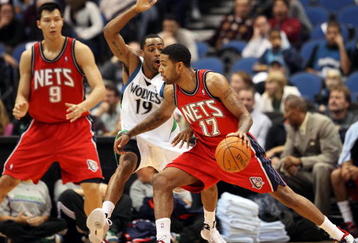 MINNEAPOLIS, MN - OCTOBER 28: Chris Douglas-Roberts #17 of the New Jersey Nets works his way around Wayne Ellington #19 of the Minnesota Timberwolves as Yi Jianlian #9 of the Nets looks on in the first quarter at the Target Center on October 28, 2009 in Minneapolis, Minnesota. (Photo by Genevieve Ross/Getty Images)