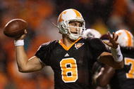 KNOXVILLE, TN - OCTOBER 31:  Jonathan Crompton #8 of the Tennessee Volunteers drops back to throw a pass against the South Carolina Gamecocks at Neyland Stadium on October 31, 2009 in Knoxville, Tennessee.  (Photo by Streeter Lecka/Getty Images)