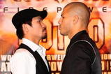 BEVERLY HILLS, CA - SEPTEMBER 14:  Manny Pacquiao and  Miguel Cotto pose for pictures during the press conference at the Beverly Hills Hotel on September 14, 2009 in Beverly Hills, California.  (Photo by Jacob de Golish/Getty Images)