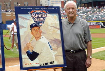 DETROIT - JULY 3:  Al Kaline, former Detroit Tiger and a hall of famer, takes part in a ceremony to unvail the covers for the 2005 All-Star game programs before the game between the New York Yankees and the Detroit Tigers on July 3, 2005 at Comerica Park in Detroit, Michigan. The Yankess defeated the Tigers 1-0.  (Photo by Dave Sandford/Getty Images)