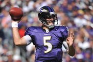 BALTIMORE - OCTOBER 11:  Joe Flacco #5 of the Baltimore Ravens passes against the Cincinnati Bengals at M&T Bank Stadium on October 11, 2009 in Baltimore, Maryland. The Bengals defeated the Ravens 17-14. (Photo by Larry French/Getty Images)
